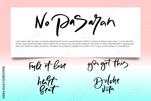 Calligraphy text for t-shirt women design, feminine internet shop. Curve lettering dolche vita no pasaran full of love you got this heartbeat