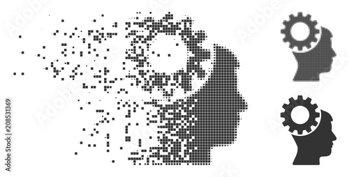 Grey vector thinking gear icon in fractured, dotted halftone and undamaged entire versions. Rectangular particles are used for disintegration effect.