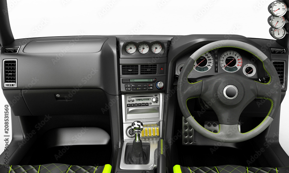 Exclusive tuning project for the interior of a sports car. Interior design with the layout of the main elements of the machine.
