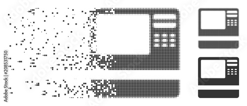 Dissolved bank ATM dotted icon with disintegration effect. Halftone pixelated and intact entire gray versions. Dots have rectangle shape. Points are combined into dissipated bank ATM shape.