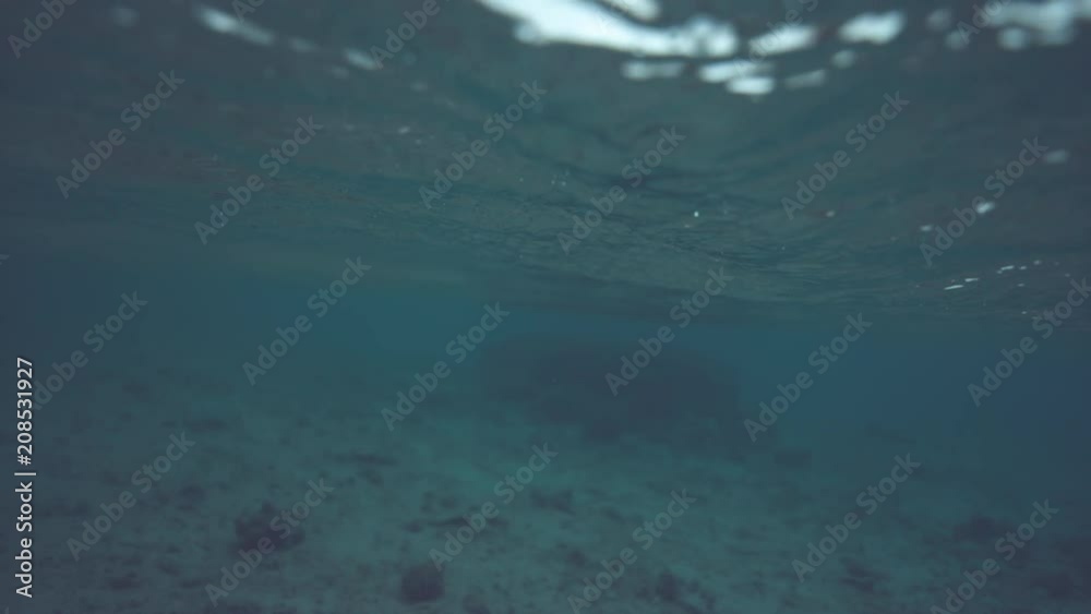 SLOW MOTION, UNDERWATER, DOF: Deep blue ocean waves slowly moving after an intense tropical rainstorm. Beautiful shot of the shiny surface of the tranquil sea. Overcast sky illuminating the dark sea. SLOW MOTION, UNDERWATER, DOF: Deep blue ocean waves slowly moving after an intense tropical rainstorm. Beautiful shot of the shiny surface of the tranquil sea. Overcast sky illuminating the dark sea.