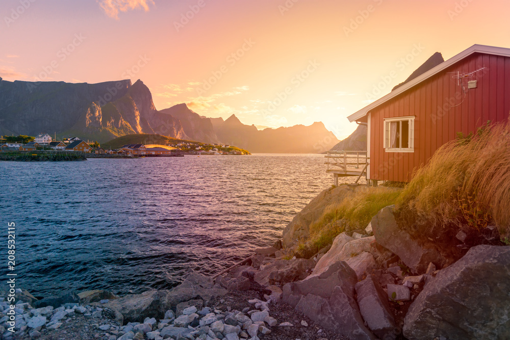 Village on Lofoten islands in Norway, Europe - obrazy, fototapety, plakaty 