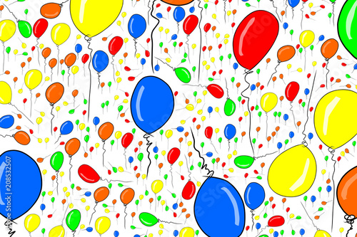 Decorative hand drawn flying balloons art illustrations. Details, background, template & festive.
