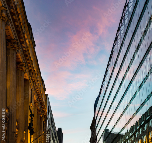 Canvas Print Sunset reflection in building. Budapest, Europe,