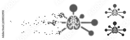 Dissolved mind control links dotted icon with disintegration effect. Halftone pixelated and intact whole gray versions. Dots have rectangular shape.