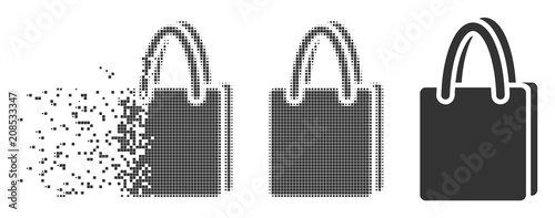 Dispersed shopping bag pixel icon with disintegration effect. Halftone pixelated and undamaged solid grey variants. Dots have rectangle shape. Pixels are composed into dispersed shopping bag shape.