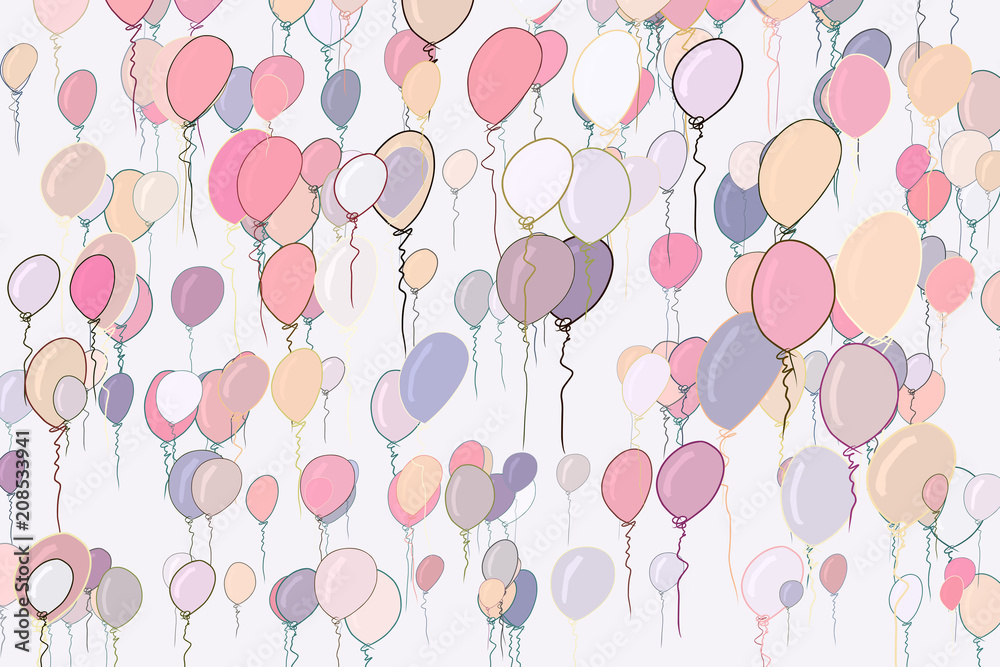 Illustrations of flying balloons. Style, set, messy & anniversary.