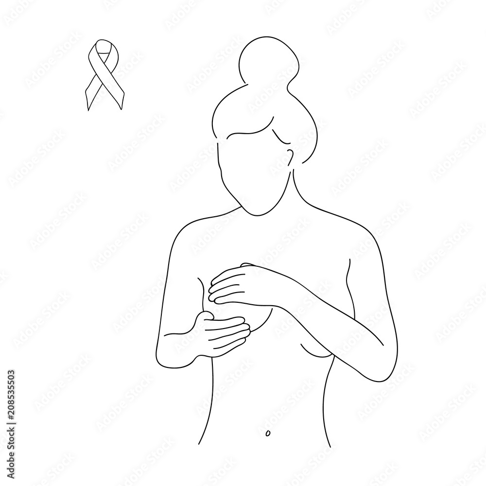 Sketch of a young woman doing breast self-examination. With Breast Cancer  Awareness Ribbon. Vector illustration. Stock Vector