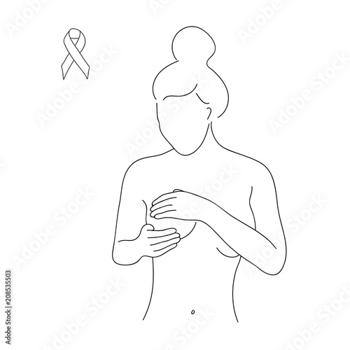 Sketch of a young woman doing breast self-examination. With Breast Cancer Awareness Ribbon. Vector illustration. 