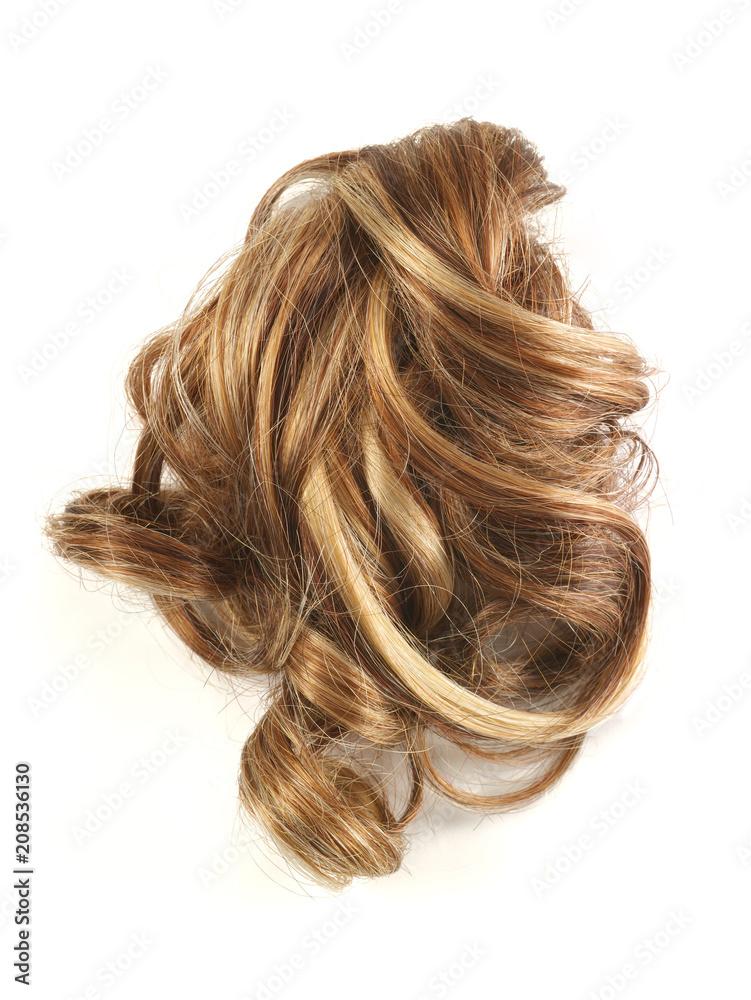 Brown and blonde hair curls on a white background