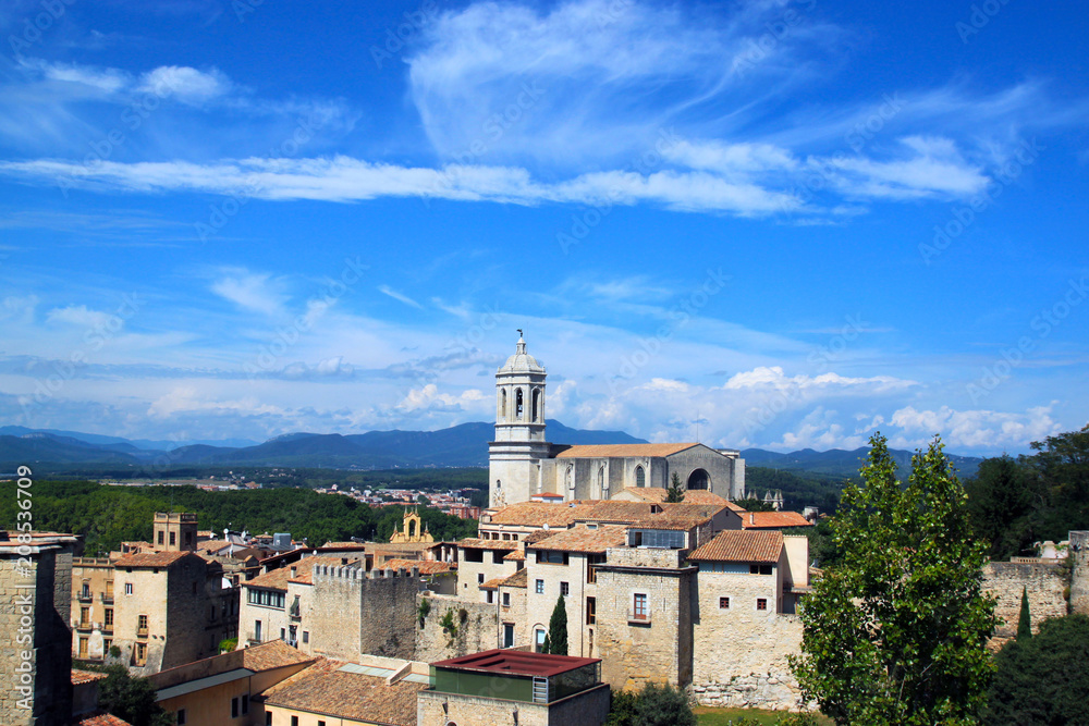 View of beautiful old town of Girona on the summer sunny day. Catalonia, Spain.