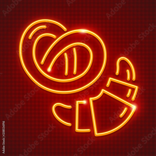 Pretzel french croissant for breakfast neon icon. Sweet fancy