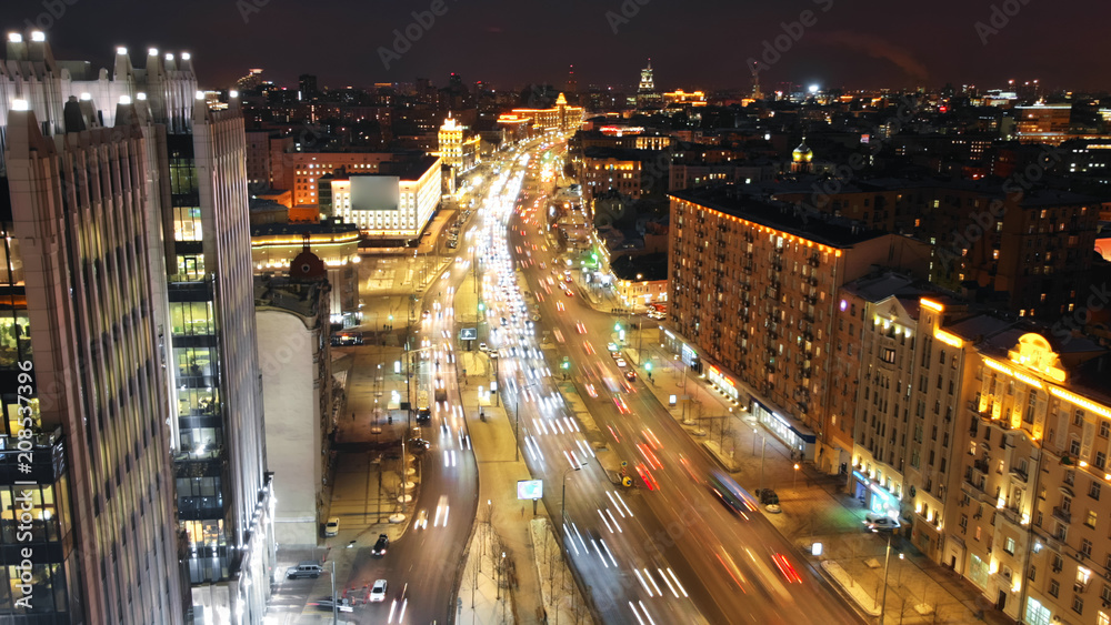 Moscow Garden Ring traffic congestion aerial view above night city central avenue, old soviet russian buildings. Moscow Garden Ring traffic congestion aerial view above night city central avenue, old soviet russian buildings.