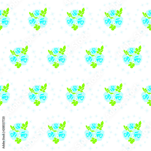 Blue roses and stars seamless background - pattern for continuous replicate in light blue and green colors.