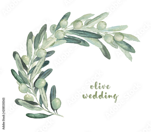 Watercolor illustration with olives sprig branch
