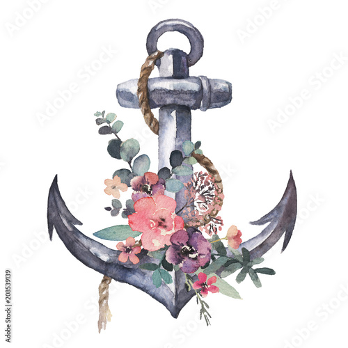 Watercolor hand drawn nautical / marine / floral illustration with anchor, rope and flower bouquet arrangement 