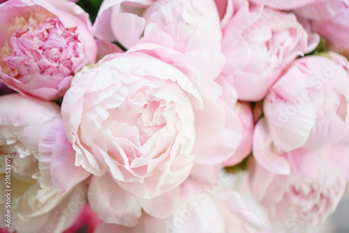 Fototapeta Naklejka Na Ścianę i Meble -  Lovely flowers in glass vase. Beautiful bouquet of pink peonies . Floral composition, scene, daylight. Wallpaper
