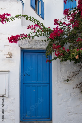 A small wooden blue door next pink flowers in the narrow streets of Amorgos