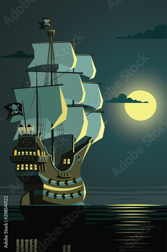 Lonely pirate ship on a night open sea