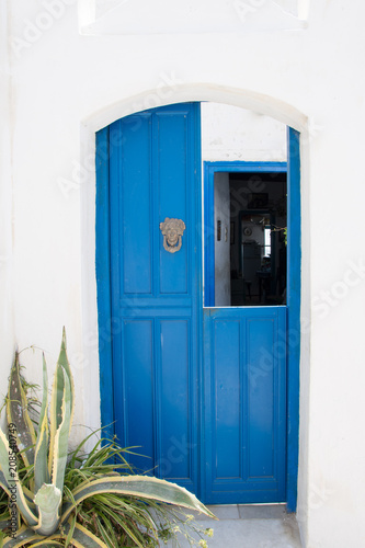 A small wooden blue door next to a vine in the narrow streets of Amorgos