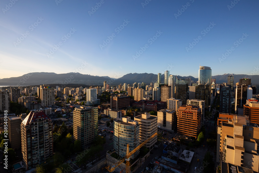 Vancouver, British Columbia, Canada - May 11, 2018: Aerial Panorama of the beautiful modern city during a sunny day.