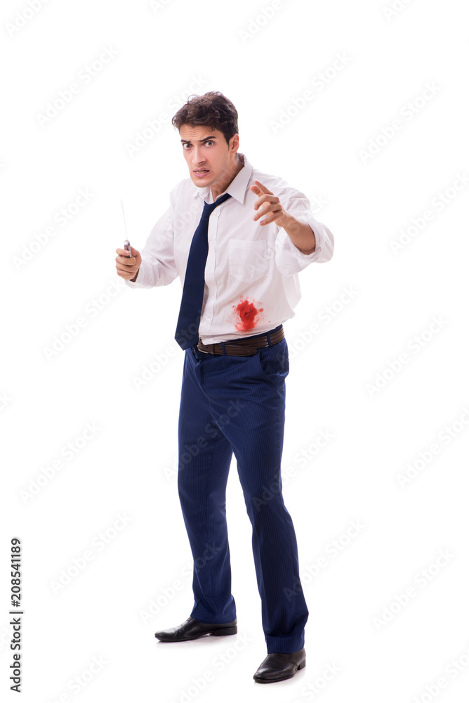 Wounded businessman with blood stains isolated on white backgrou Wounded businessman with blood stains isolated on white backgrou