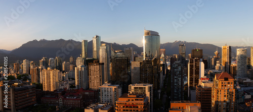 Vancouver, British Columbia, Canada - May 11, 2018: Aerial Panorama of the beautiful modern city during a vibrant sunset.