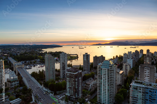 Aerial view of the Downtown City Buildings during the vibrant sunset. Taken in Vancouver, British Columbia, Canada. HDR Processed © edb3_16