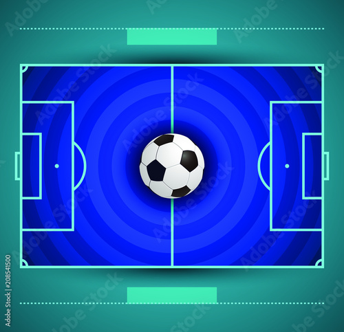Football field with circular grass texture and soccer ball, blue and aqua color combination vector illustration.