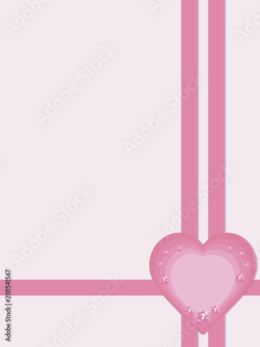 pink light greeting card gift invitation page congratulation certificate with pink criss-cross ribbons below and right and heart with precious pink sparkling stones vector illustration