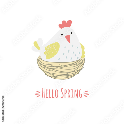 Cartoon hen in the nest and the inscription hello spring.