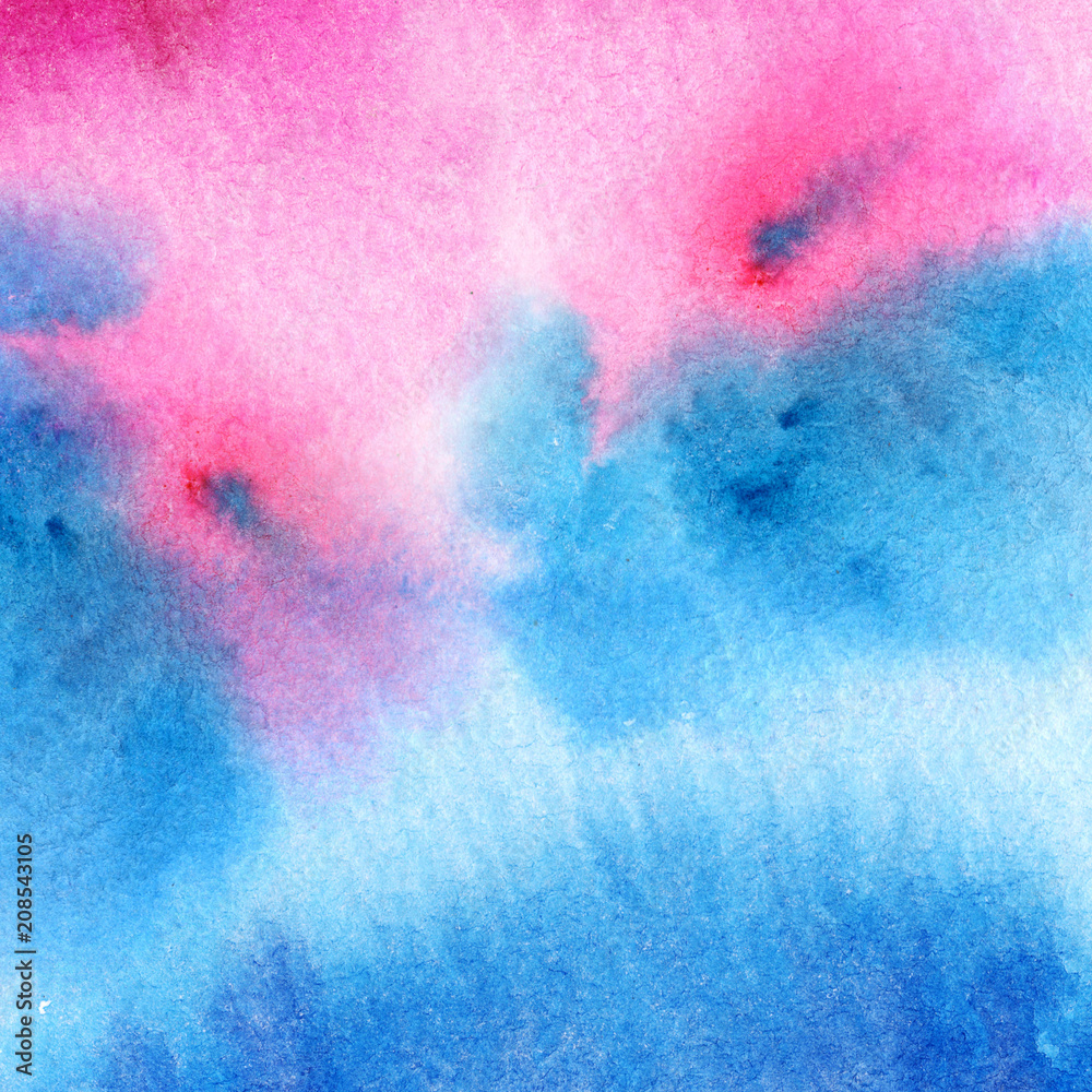 Naklejka premium Watercolor handmade colorful abstract background illustration with pink and blue colors. Wedding stationary, greeting cards, invitations, wallpapers, logos, business cards, texture.