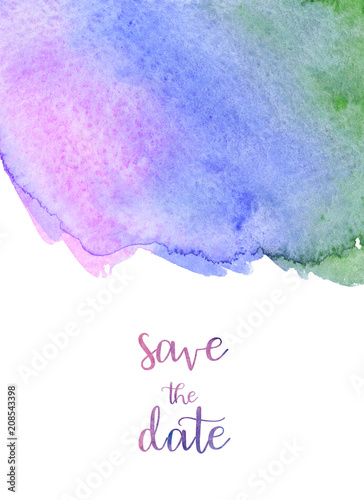 Watercolor handmade colorful abstract background illustration with pink, blue, purple, green colors. Wedding stationary, greeting cards, invitations, wallpapers, logos, business cards, texture.