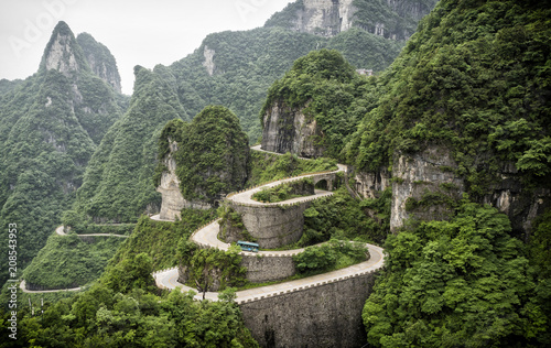 A view of the dangerous  99 curves at the Tongtian Road to Tianmen Mountain, The Heaven's Gate at Zhangjiagie, Hunan Province, China, Asia photo