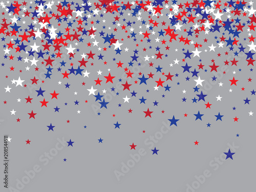 Patriotic 4th of July, Independence Day of America Stars Confetti. Flying Stars Texture, US Blue, Red, White Confetti Banner. USA Independence Day, 4th of July, National Symbols Banner Background.