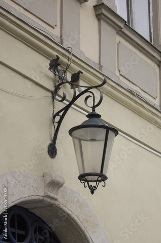 Vintage Old Street Classic Iron Lantern On The House Wall, Close Up