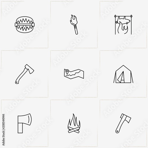 Hunting line icon set with map location , piggy on spit and camping tent