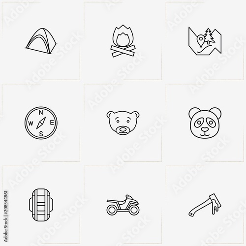 Hunting line icon set with chevron hunter, map location  and four wheel bike