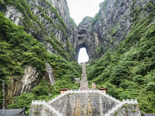 The Tianmen Mountain with a view of the cave Known as The Heaven's Gate and the steep 999 stairs at Zhangjiagie, Hunan Province, China, Asia