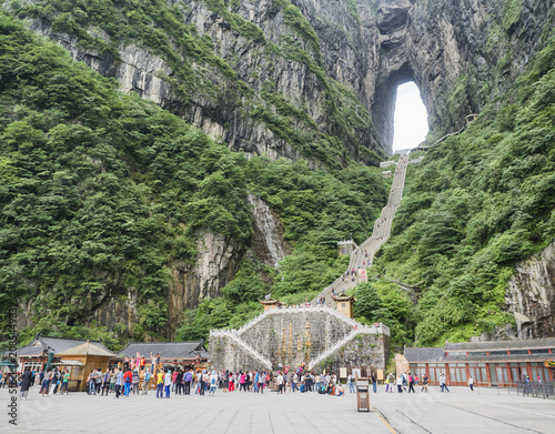 The Tianmen Mountain with a view of the cave Known as The Heaven's Gate and the steep 999 stairs at Zhangjiagie, Hunan Province, China, Asia