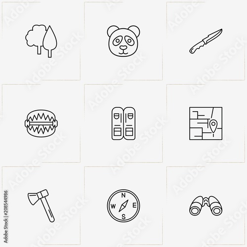 Hunting line icon set with compass, map location  and knife