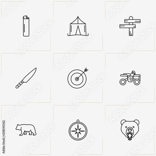 Hunting line icon set with target, four wheel bike  and compass