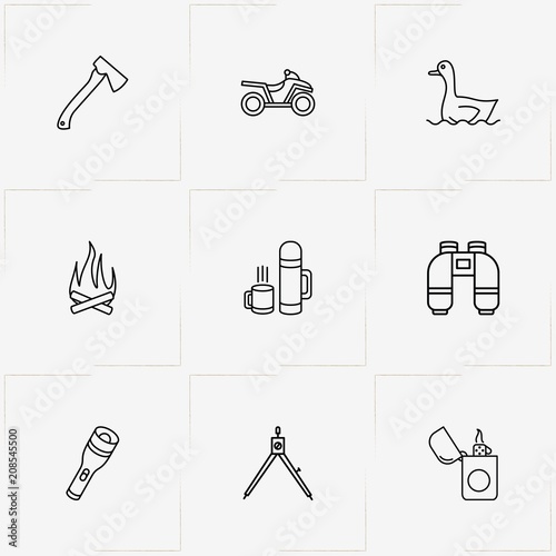 Hunting line icon set with flashlight, hatchet and bonfire