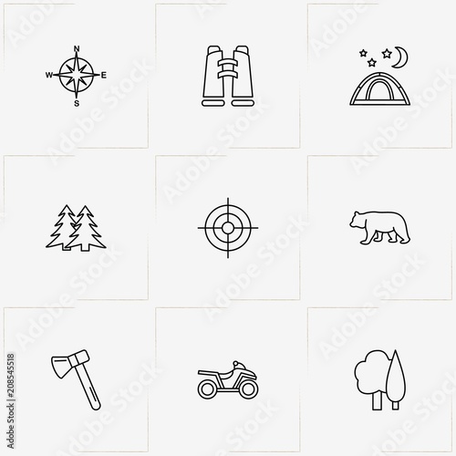 Hunting line icon set with target, binocular and four wheel bike