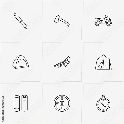Hunting line icon set with hatchet, knife and crossbow