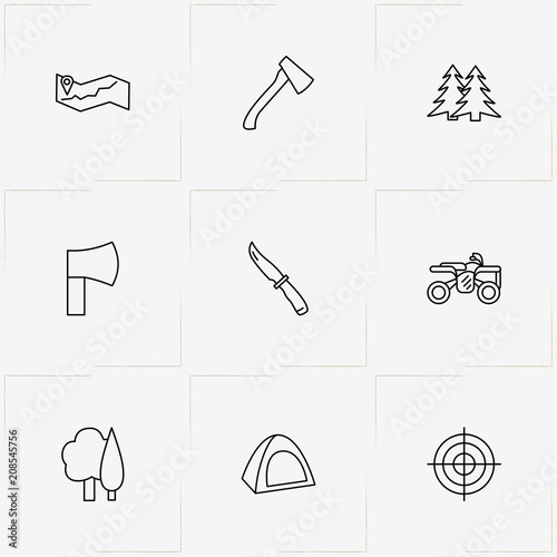 Hunting line icon set with knife, camping tent  and target