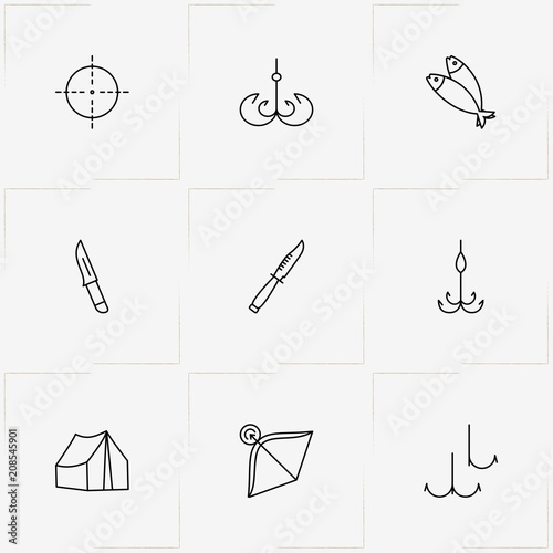 Hunting And Fishing line icon set with tent, knife and fishes