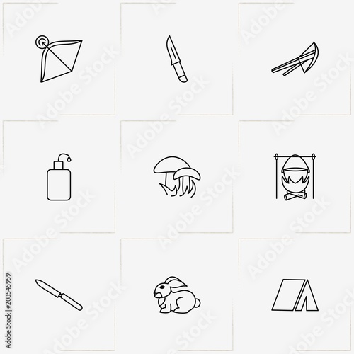 Hunting And Fishing line icon set with water flask, crossbow and tent