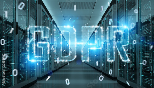 Digital GDPR interface in server room 3D rendering