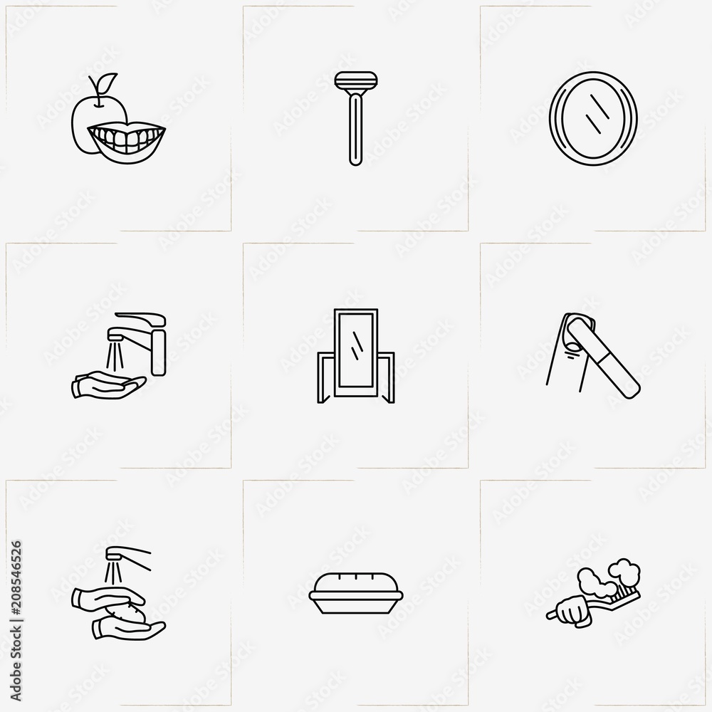 Hygiene line icon set with smile, razor and mirror Hygiene line icon set with smile, razor and mirror